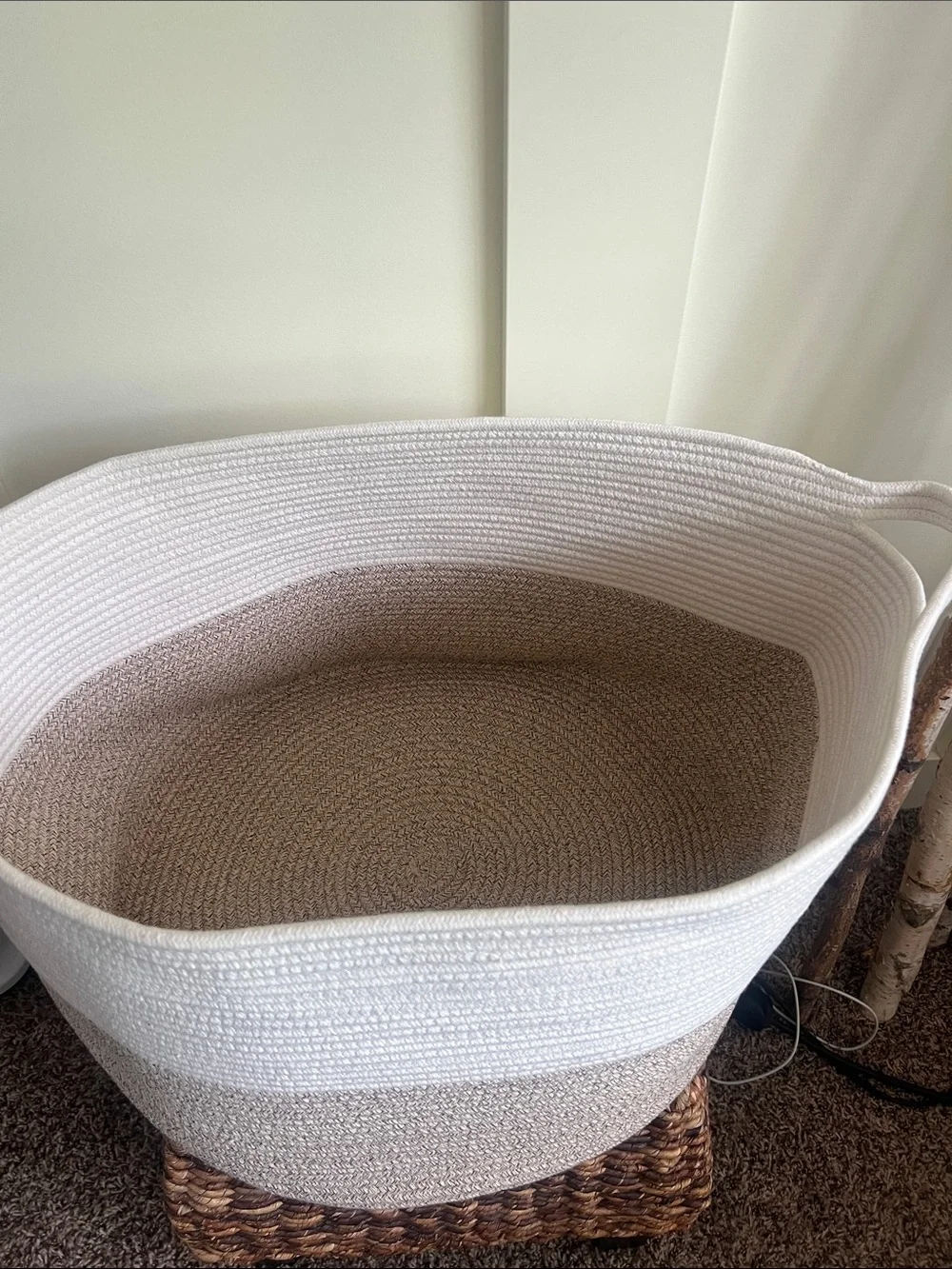 Two-Tone White and Tan Cotton Rope Storage Basket